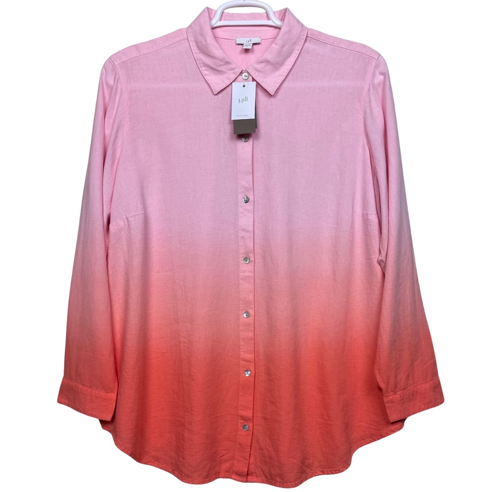 NWT J. Jill Ombre Linen Blend Shirt Womens XL Pink Orange Roll Tab Boho Resort